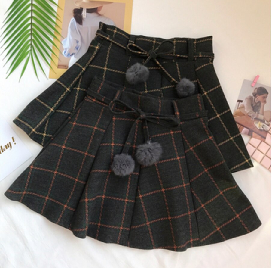 Japanese sweet Autumn Plaid pleated Woolen skirt soft girl cute kawaii preppy style temperament mini JK college uniform skirt