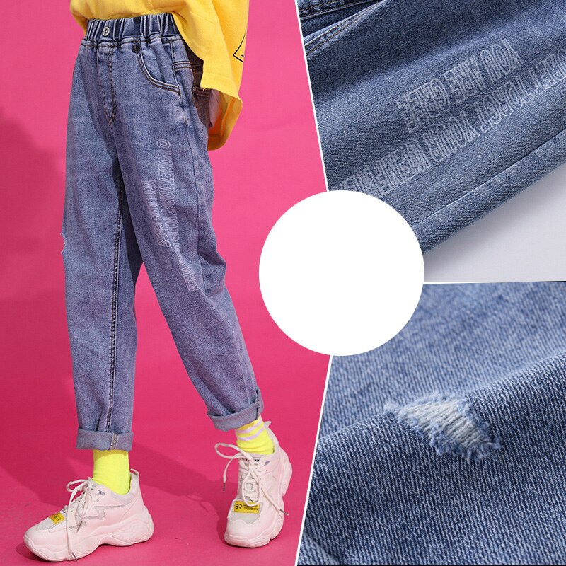 Store piger jeans bukser bomuld forår børn løse bukser denim tøj til teenagere ensfarvet knækket hul bukser barn