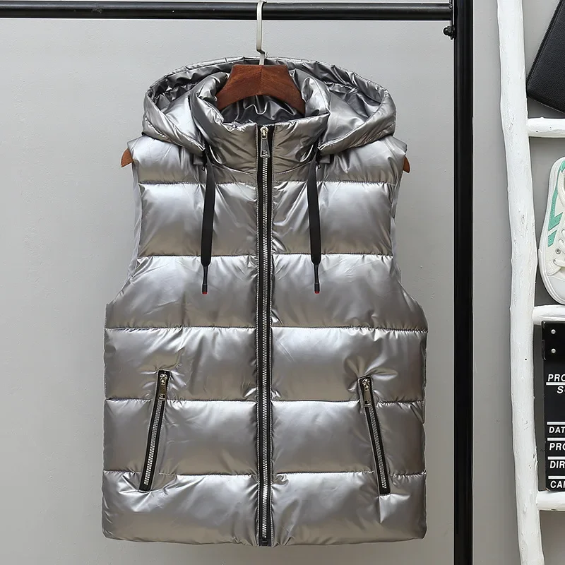 Gilet à capuche en coton brillant pour hommes, gilet , glaçure, tendance coréenne, extérieur, couple, automne, hiver,: M. / Argent