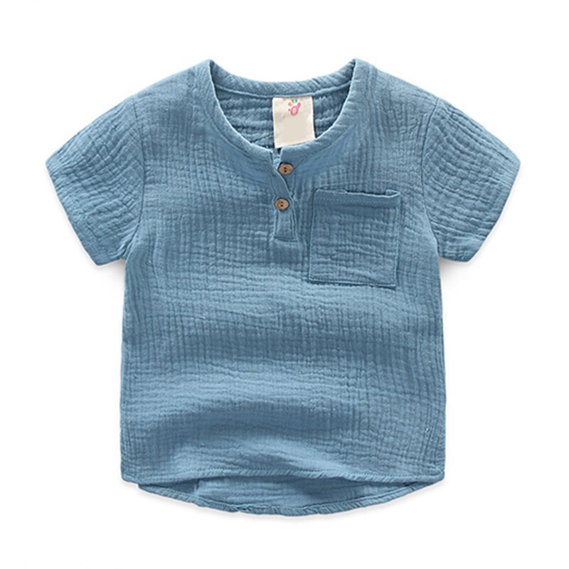 Chemise Vintage à manches courtes pour enfants, vêtements pour garçons, en coton et en lin, avec boutons, de poche, été: blue / 4t