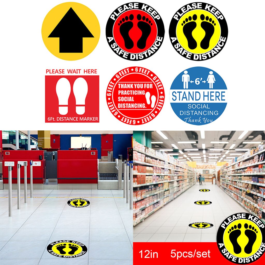 5pcs Floor Sticker Wall Decal Sign Car Caution 6 ft Foot Distance Warning 30cm