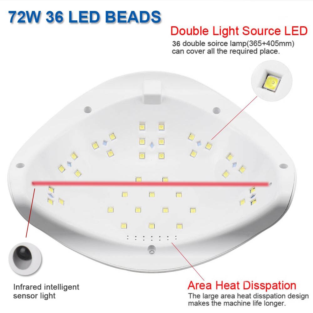 Uv lampe 72w ny 5 pro led neglelampe for manikyr tohåndslampe 36 stk led perler negletørker for herding av neglegel neglefilverktøy