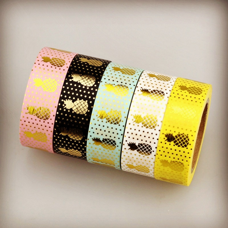 10m Foil Washi Tape Pineapple Stripe Dot Set Japanese Stationery Kawaii Stickers Scrapbooking Tools Masking Tape Diy Photo Album