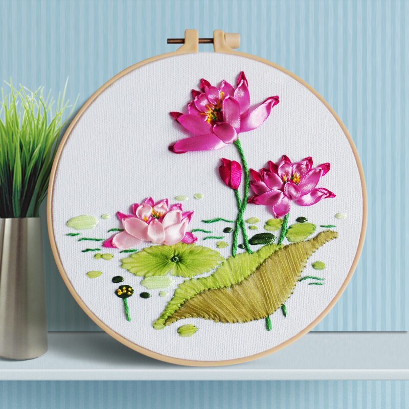 Kit de bordado de cinta con de flores, kit de costura de punto de cruz para principiantes, manualidades DIY, arte de coser hecho a mano, decoración de pared para el hogar