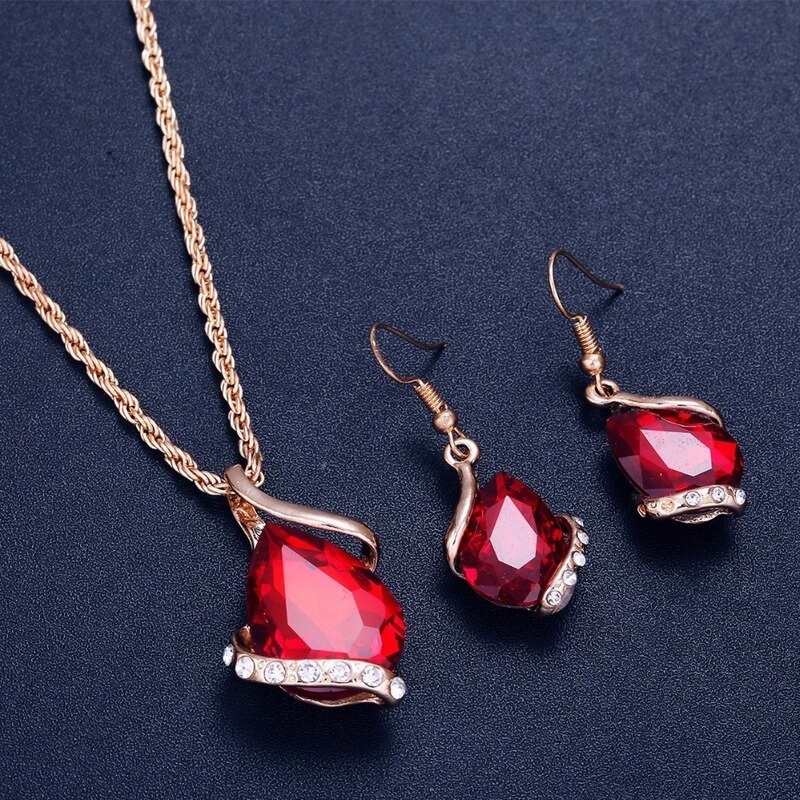 Afrikaanse Glamour Bruid Kleurrijke Kristallen Bruiloft Ketting Water Shape Hanger Stud Oorbellen Mode Vrouwen Sieraden Sets