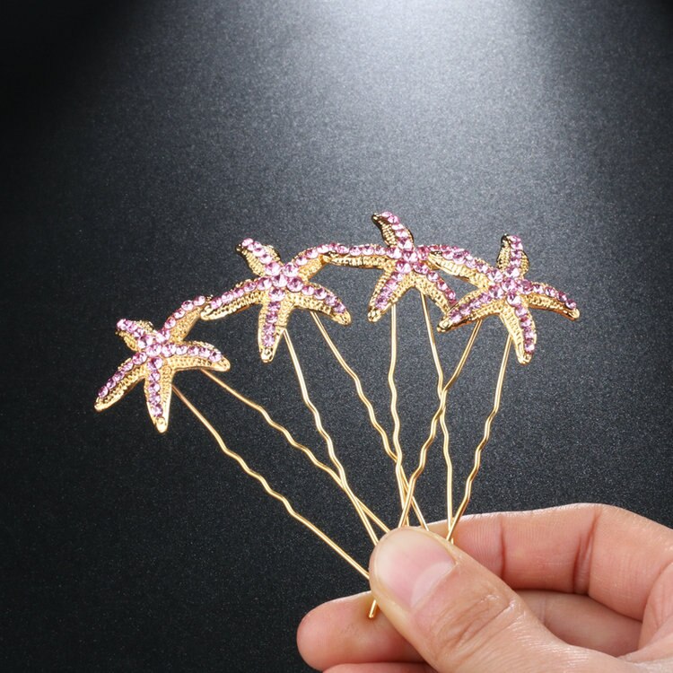 Katesolo Haar Sieraden Bruiloft Haarspelden Crystal Rhinestone Flower Bridal Haarspelden Bruidsmeisje Hair Clips Vrouwen Haar Accessoires: starfish goldpurple