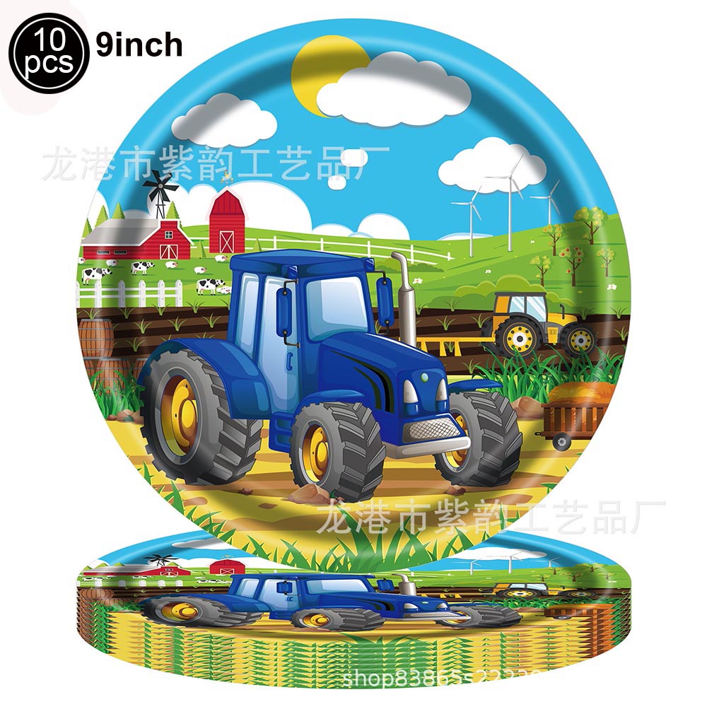 Cartoon Green Farm Tractor Disposable Tableware Plate Paper Cup Napkins Kids Boys Farm Theme Birthday Party Decor Supplies