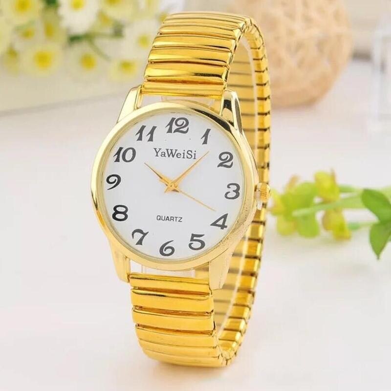 Luksus guld sølv elastisk rem kvarts ure til kvinder mænd afslappet enkle par armbåndsure ur