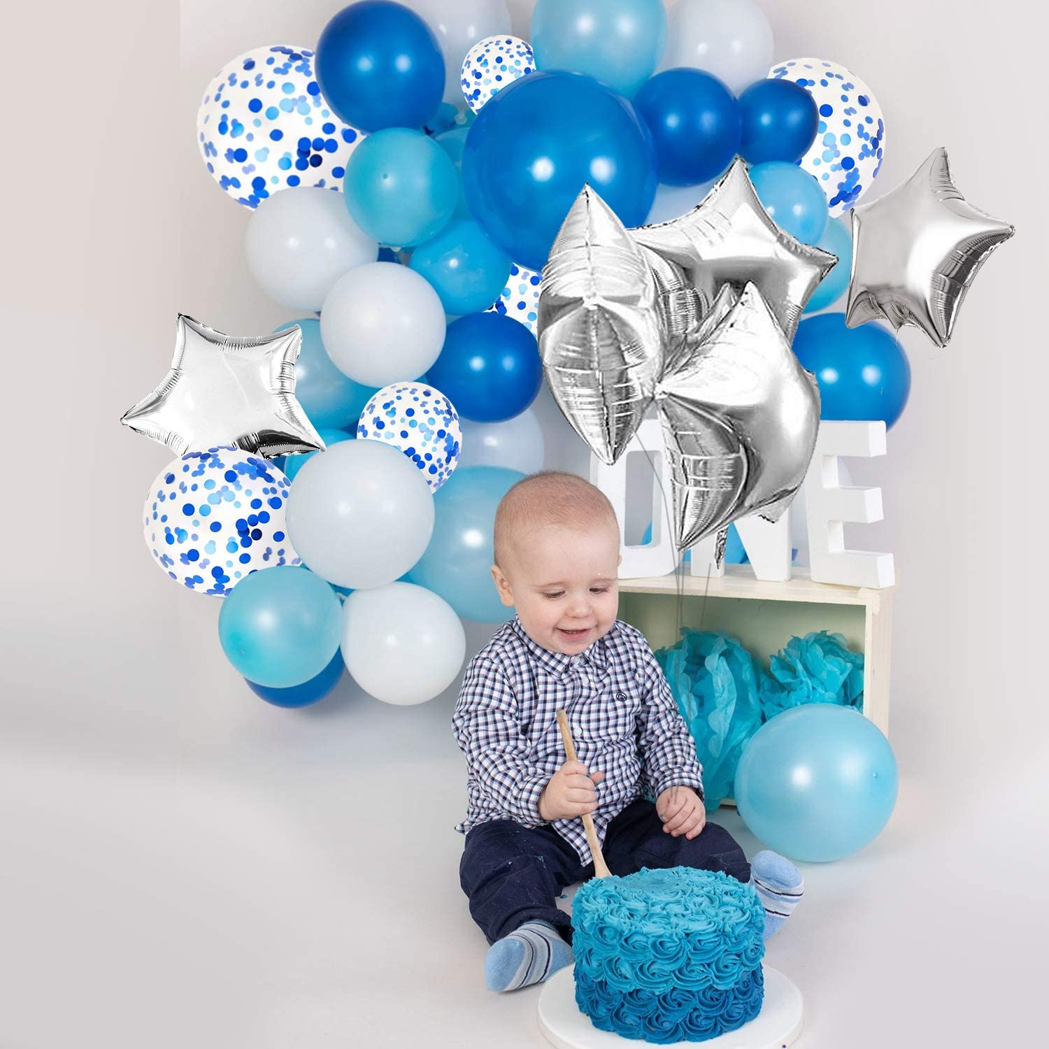 Decoración de de cumpleaños cartel de feliz cumpleaños azul, globo, cortina de flecos, mantel de aluminio, confeti de estrellas, globos con 10