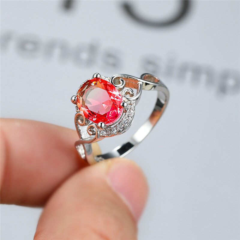 Luxe Vrouwelijke Roze Gele Kristallen Ring Charm Zilveren Kleur Dunne Trouwringen Voor Vrouwen Beloven Ovale Liefde Hart Engagement Ring