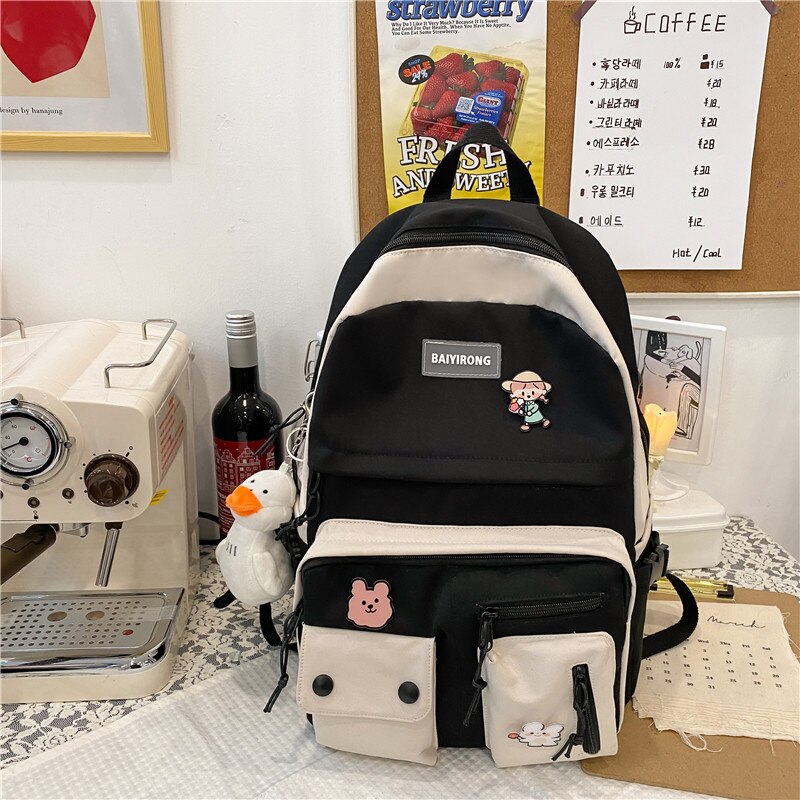 Kawaii Multi-pocket Women Backpack Female Waterproof Nylon Travel Bag College Girl Schoolbag Contrast Color Laptop Backpack: black / without duck