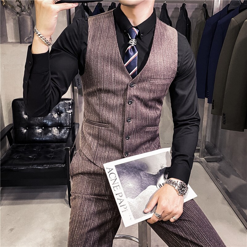 retro Gestreiften Herren Anzug Weste Clever Beiläufige Dünne Westen Männer Formale Kleid Geschäft Hochzeit Party Jahrgang Männlichen Weste Gilet Homme