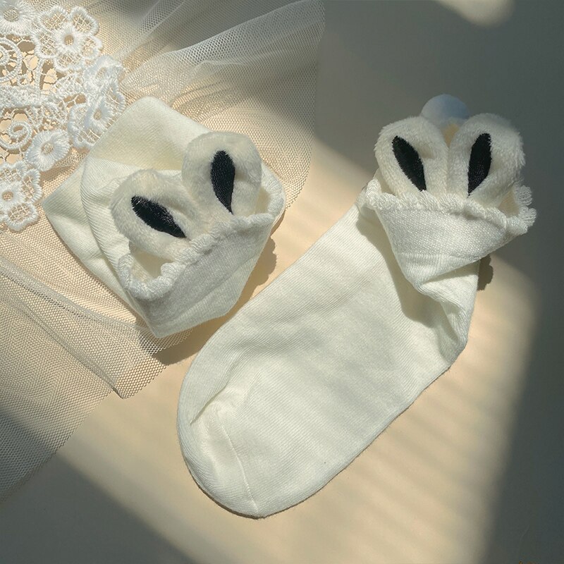 Japanse Magic Geborduurde Zachte Zus Konijn Oor, Mooie Haar Bollen Sok Kracht Meisje Sokken Vrouwelijke Studenten: White black ears