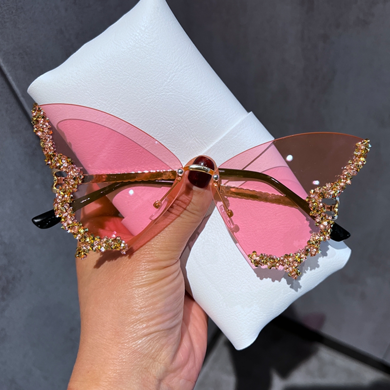 Luxus Diamant Schmetterling Sonnenbrille Frauen Y2K Jahrgang Randlose Übergroße Sonnenbrille Damen Brillen: Rosa