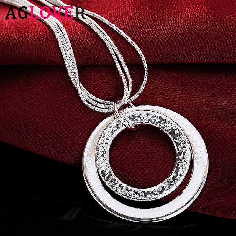 AGLOVER 925 Sterling Silver 18 Inch 3 Snake Chain 2 Frosted Circle Pendant Necklace For Woman Man Wedding Jewelry