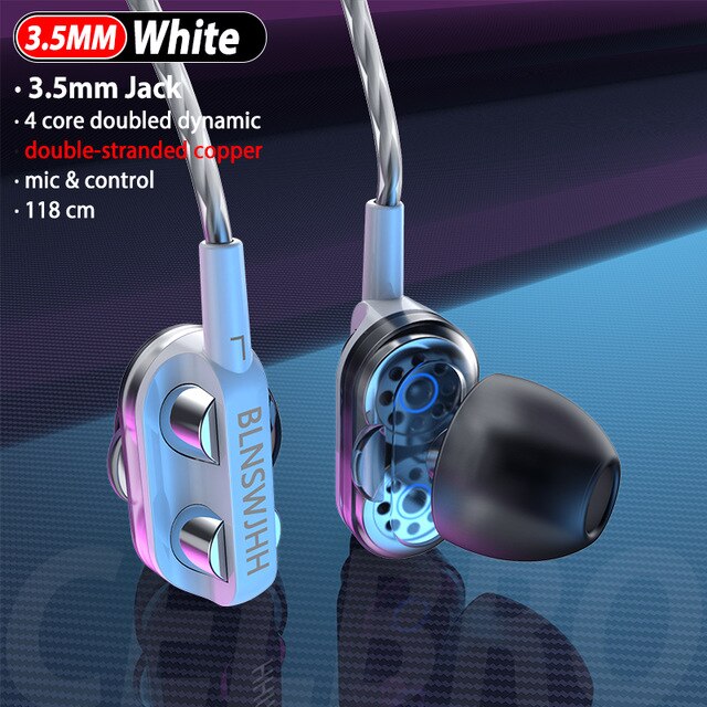 Dual Speaker Wired Earphone Headphones Headset For iPhone Xiaomi Computer Dual Driver Stereo Sport Earbuds Earphones hwith Mic: White-Double Speaker