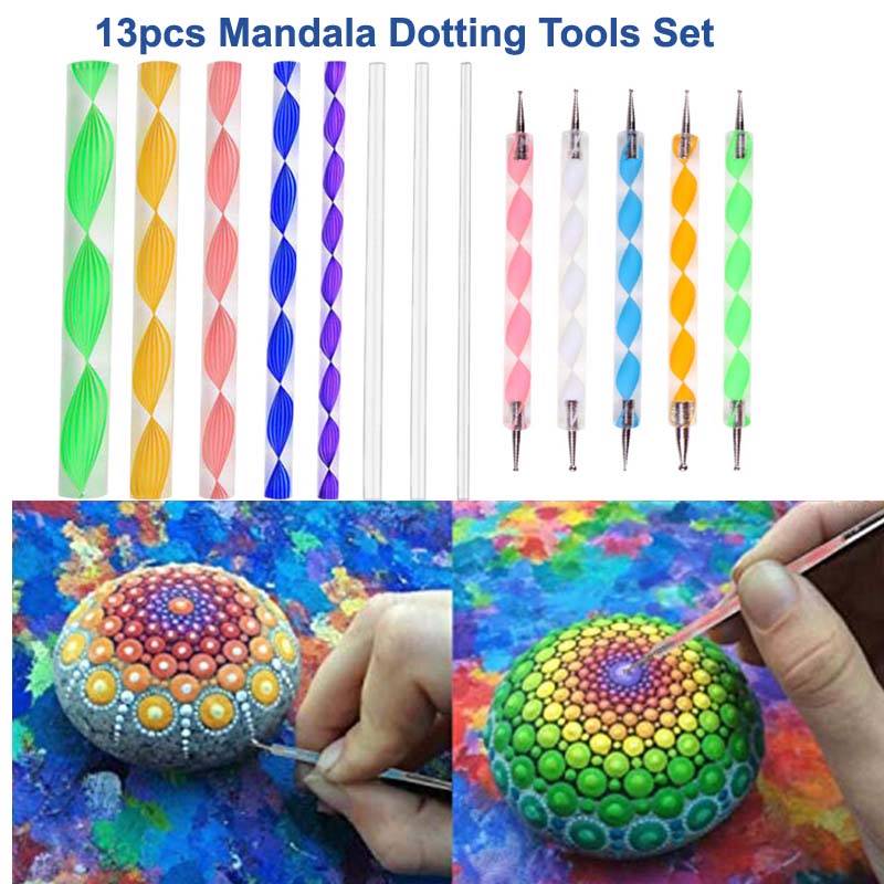 Juego de Herramientas de punteado de Mandala 13 Uds para pintar rocas, Kit de puntos de rocas de pintura, pluma de pintura de piedra de roca, plantilla de herramienta para hacer puntos de Polca