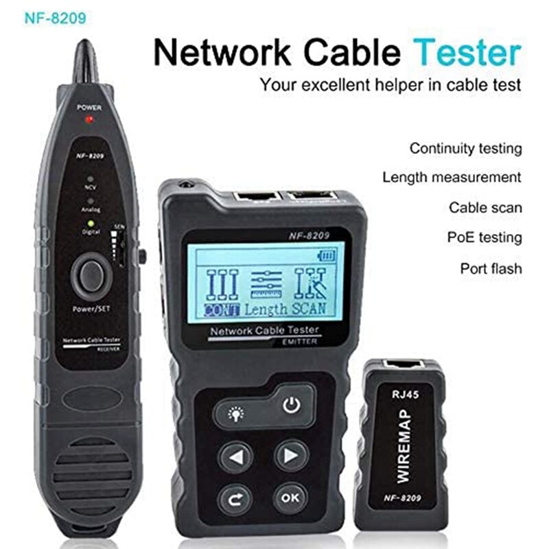 Netwerk Kabel Tracker, Netwerk Kabel Tester Voor CAT5E/CAT6/CAT6A, Poe Tester Met Ncv, NF-8209 Netwerk Kabel Lengte Tester