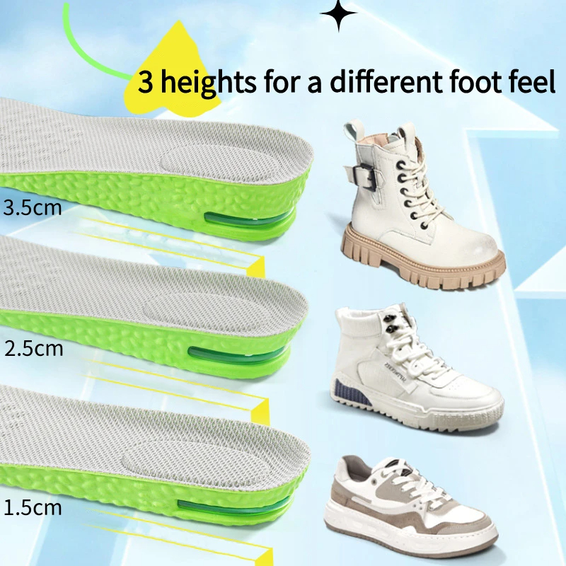 1 par de palmilhas de aumento de altura de almofada de ar respirável suor e anti-odor palmilha absorvente de choque para calçados esportivos