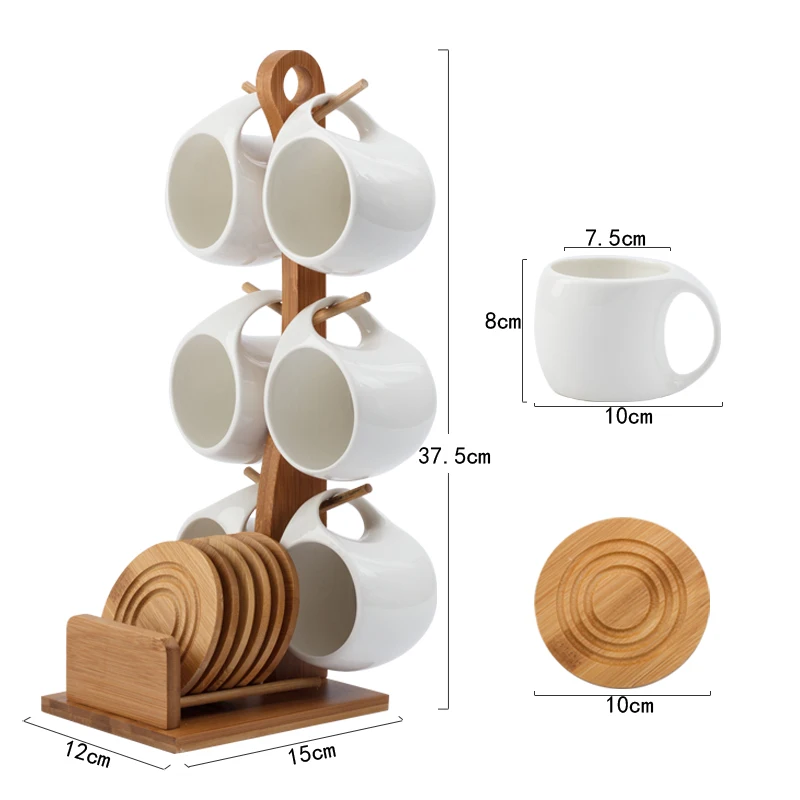 Taza de café de cerámica de 200ml para el hogar, juego de tazas de agua fría colgantes simples y creativas, juego de té de restaurante de cocina, soporte de madera de Bambú