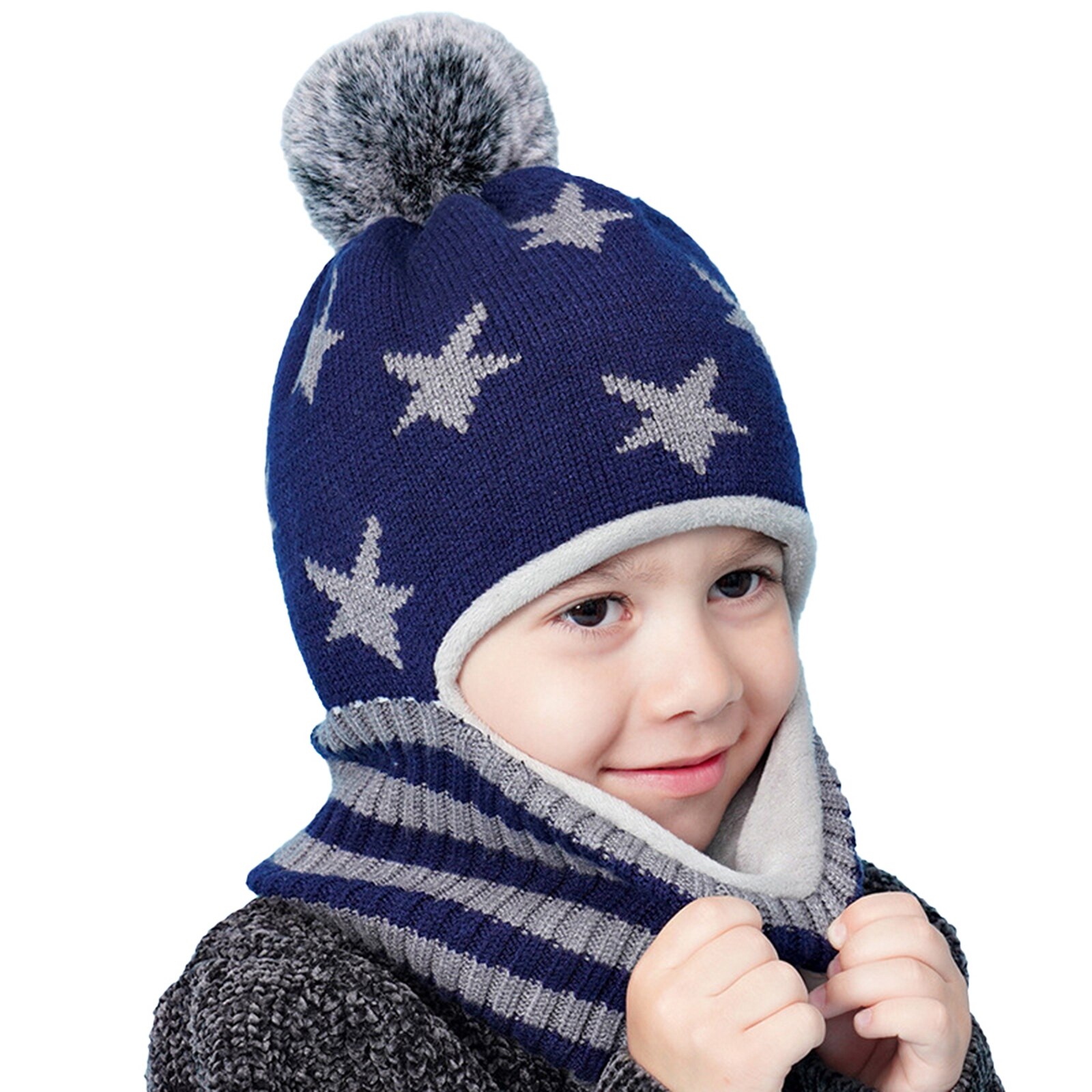 Criança criança criança malha capuz chapéus dos desenhos animados cinco estrelas forro de lã cachecol earflap crânio capa de uma peça tampas de inverno quente do bebê menino: Azul marinho