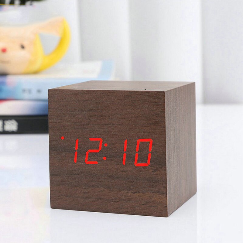 Led træ vækkeur ur bord stemmestyring vågne lys digitalt træ ur alarm usb/aaa powered ure bord boligindretning: S brun rød