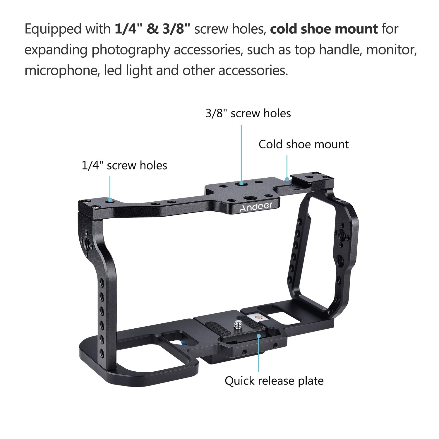 Andoer Camera Kooi Stabilizer Aluminium Met Quick Release Plaat Koude Schoen Mount 1/4 &quot;3/8 Inch Schroef Montagegaten adapter