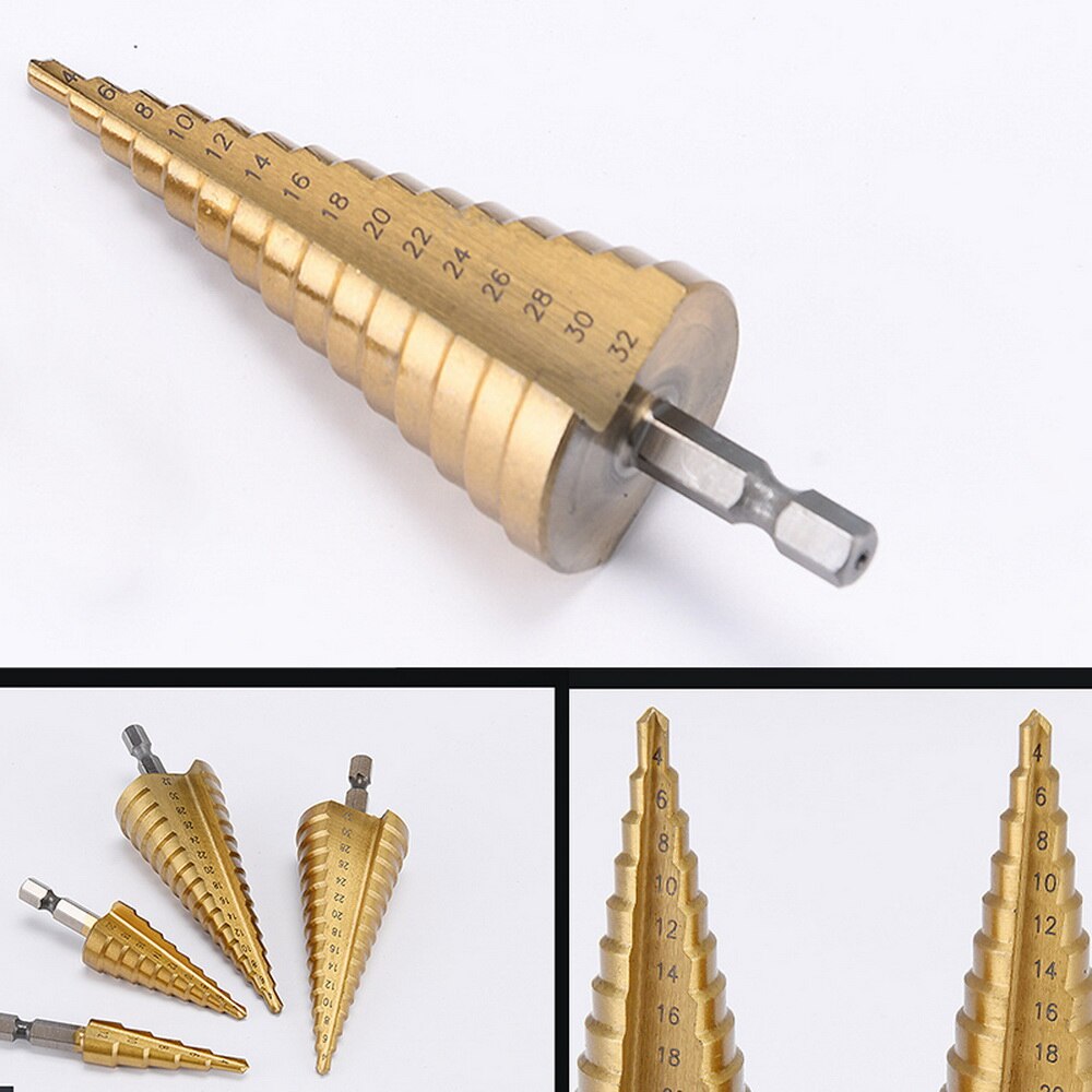 3pc Hss step drill bit set cone hole Taper metric 4 - 12 / 20 / 32mm 1 / 4 "titanium coated metal hex core drill bits