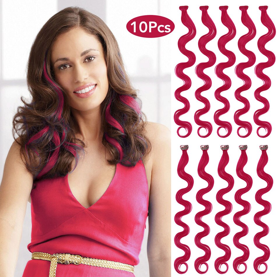 24 Inches Gekleurde Hair Extensions Body Wave 10 Stuks/set Hoge Temperatuur Fiber Haarstukje Clip In Een Stuk Synthetisch Haar: Light Red