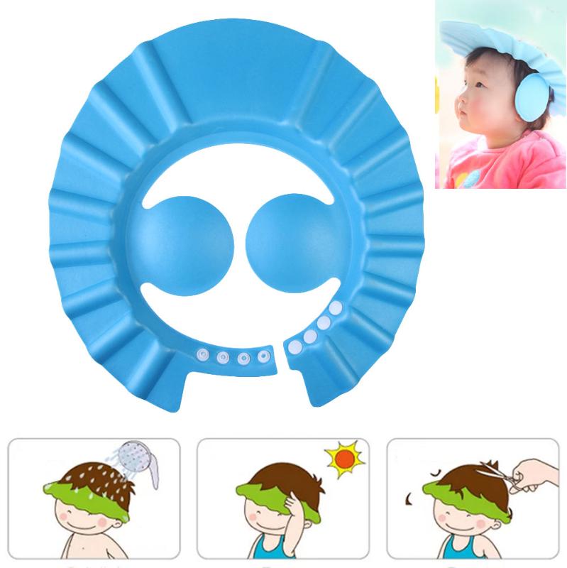 3 farver justerbar badehætte børn shampoo bad vask hår skjold hat vandtæt øjenbeskytter baby elastik hætte: Blå