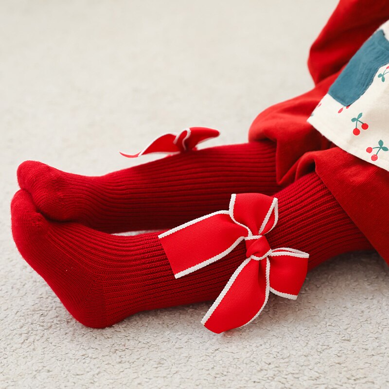 Infantil meias de natal com nervuras meias meninas estiramento meados de rise collants com arcos (vermelho) roupas de bebê inverno