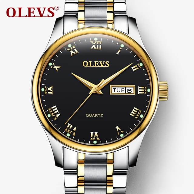 OLEVS Paar Horloge Paar Rvs/Lederen Dames Horloge Datum Lichtgevende Quartz Mannen Horloges Waterdicht Horloge: Men Steel Black