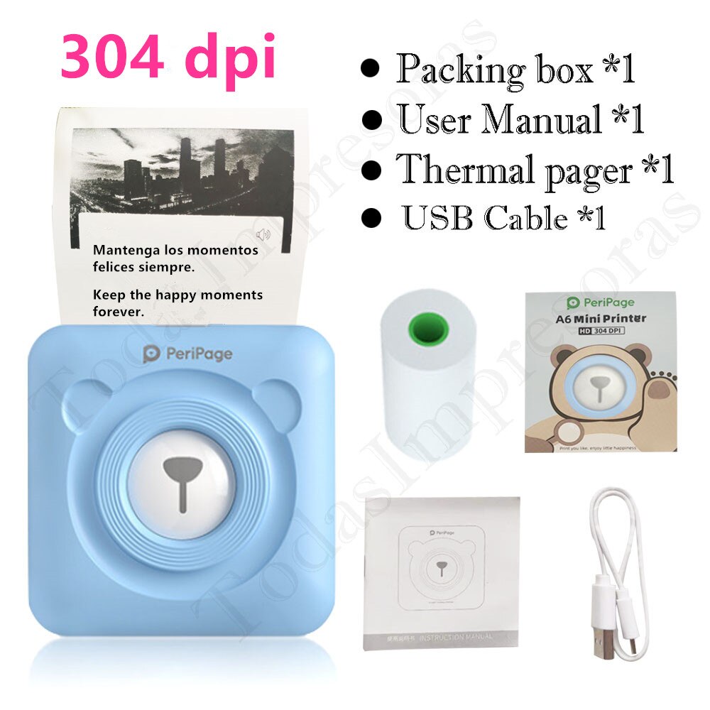 Peripage – Mini-imprimante thermique A6, 304dpi, Bluetooth, couleur marron jaune, téléphone portable, Android IOS,: A6 304 Blue