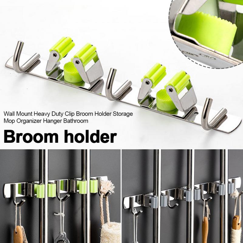 Broom Holder Wall Mount Clip Stainless Steel Heavy Duty Multifunctional Laundry Room Mop Organizer Space Saving Practical Hanger
