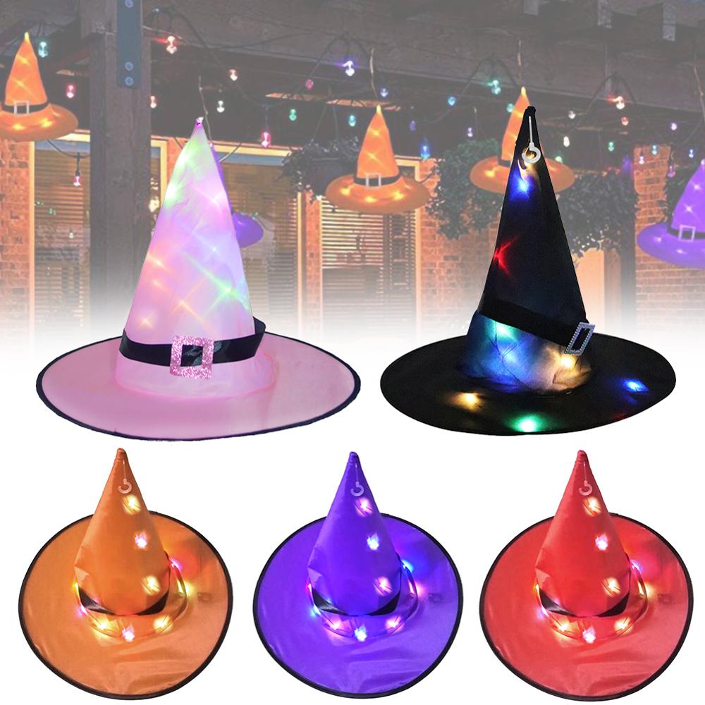 Stil halloween hekse hat med led lys glødende hekse hat hængende halloween indretning suspension træ glødende hat til børn