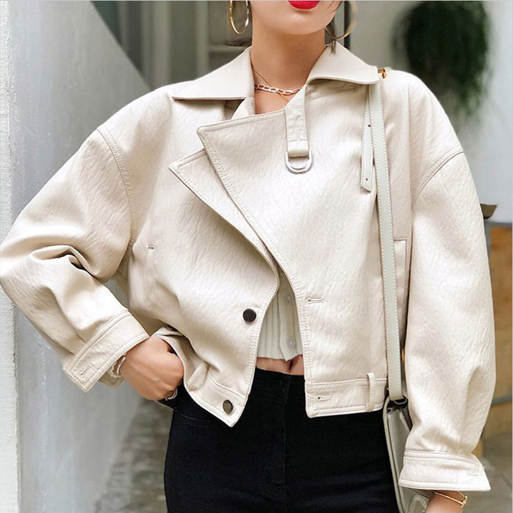 Oversized imitatieleren jas met knopen op de rug, dames motorjas, zwarte biker jaquetas couro casaco chaqueta damesjas: Beige / Ik