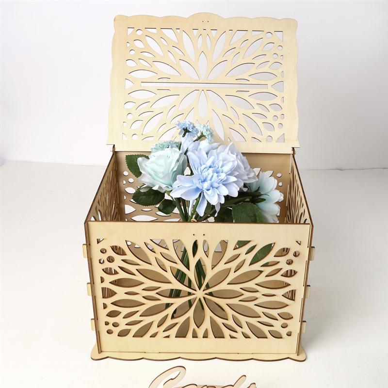 Wooden Wedding Storage Box DIY Wedding Supplies Flower Card Box for Wedding Party (1 Key + 12 Rubber Rings, Large Size)