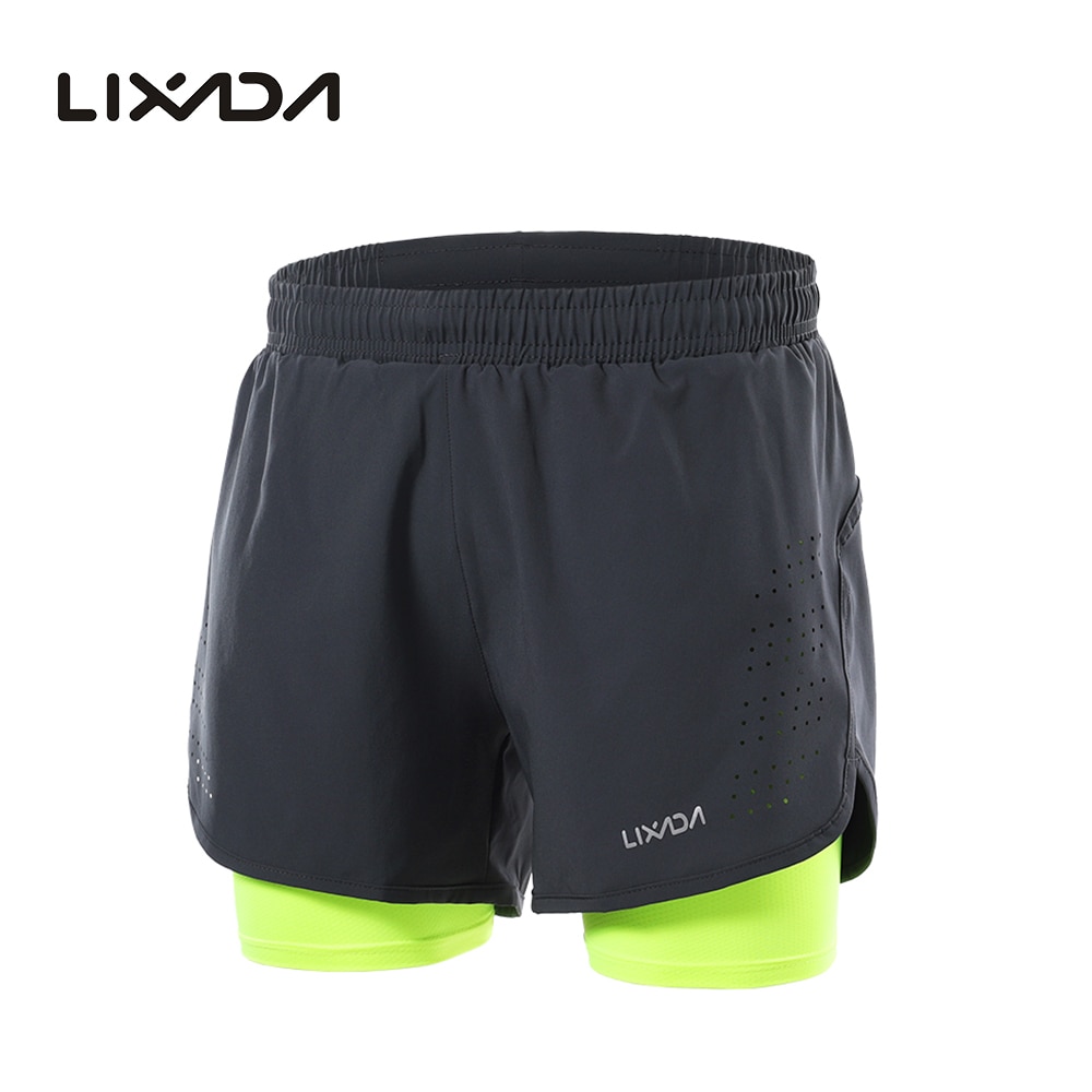 Lixada Gym Mens Sport 2-in-1 Running Shorts Running Shorts Quick Drying Exercise Jogging Cycling Shorts with Longer Liner: M / Green