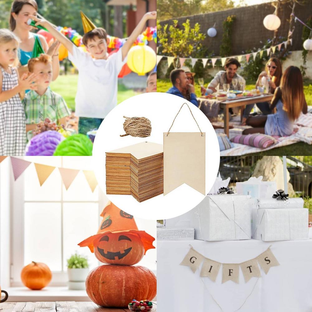 12/48 Pcs Natural Wooden Signs Banner Rustic Decorative Hanging Wooden Flag With Rope Wooden Craft Decor For Birthday Party