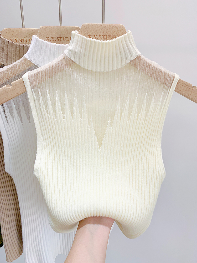 Mesh Knitted Top Women Y2K Tank Top Half Neck Vest Female Sleeveless Sweater Chic Cut Out Streetwear Solid Skinny Tube Top: Beige