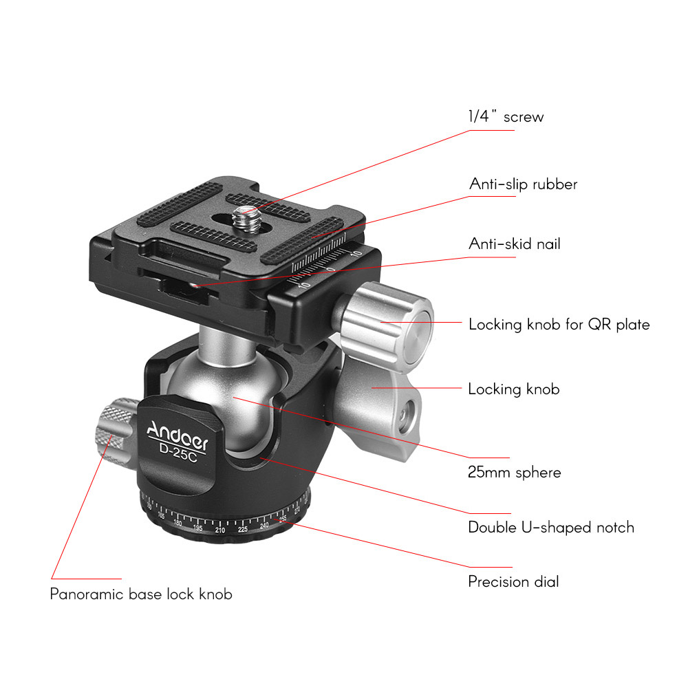 in Lega di Alluminio Andoer D-25C Cnc mini Testa Del Treppiede Ballhead Doppio tacca Testa a Sfera per canone Nikon Sony Dslr Ildc Fotocamere treppiede