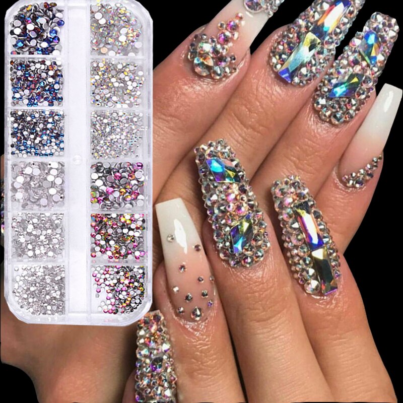 12 Grids/Doos 3D Glitter Crystal Rhinestone Glas Diamant Gem Sieraden Nail Art Decoratie