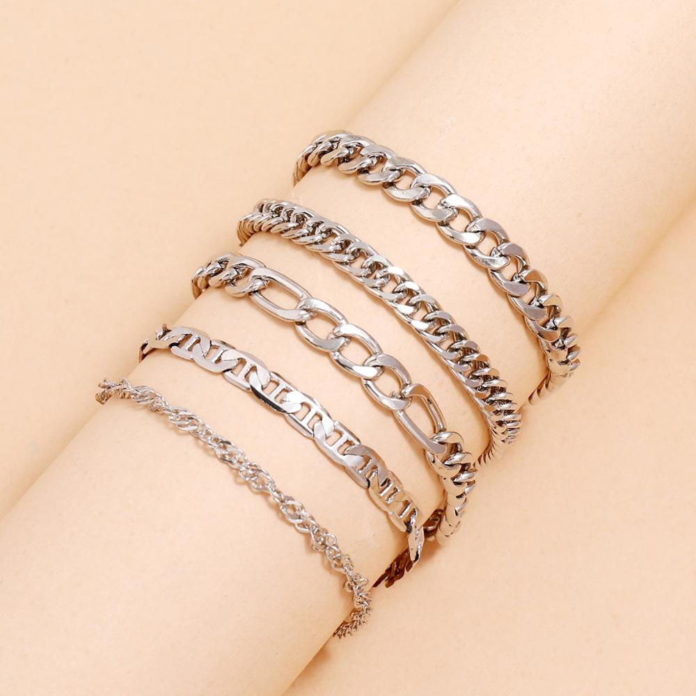 Diezi Multilayer Zilver Kleur Chain Armbanden En Armbanden Voor Vrouwen Mannen Chunky Armband Koppels Mannen Vintage Boho Sieraden 5 Stks/set