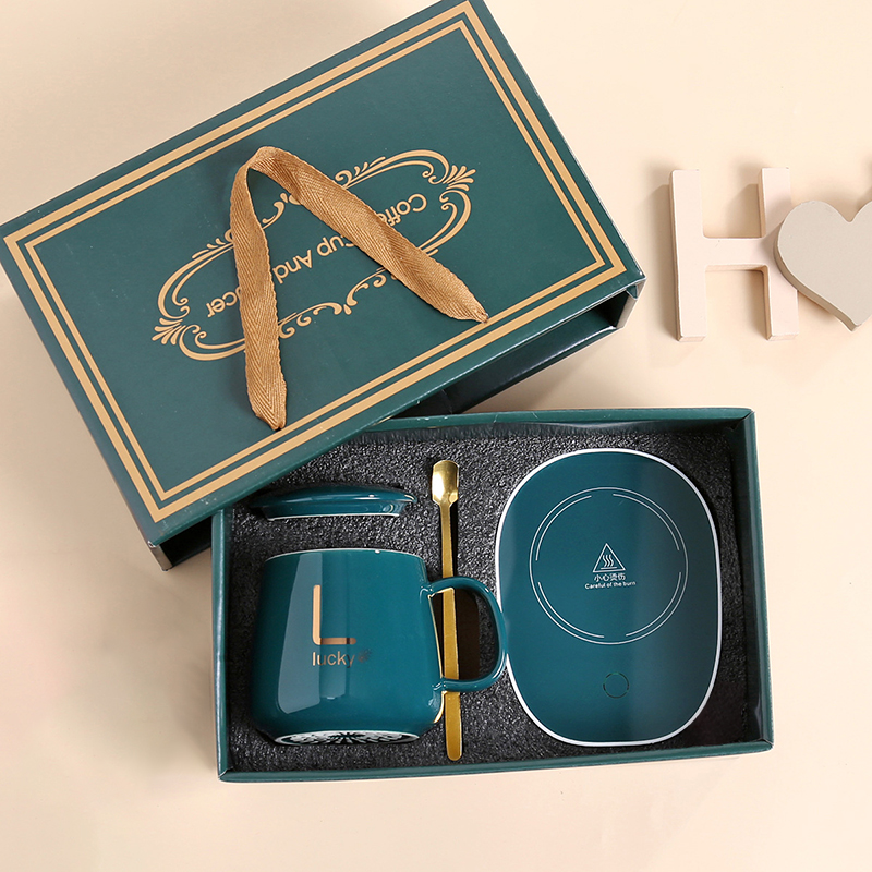 Set de de Navidad: 55 ° Taza de cerámica con retención de calor C con tapa y cuchara – Taza de café portátil para uso en oficina o en el hogar