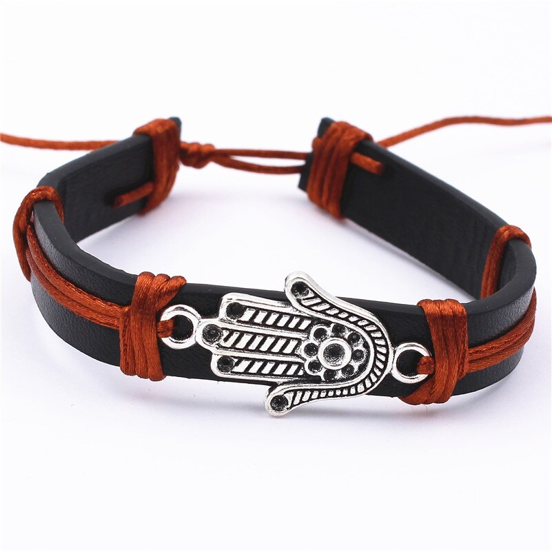 Tyrkisk hamsa symbol fatima hånd onde øje wrap armbånd kvinder mænd heldig amulet legering palm armring: Zps 050- brun