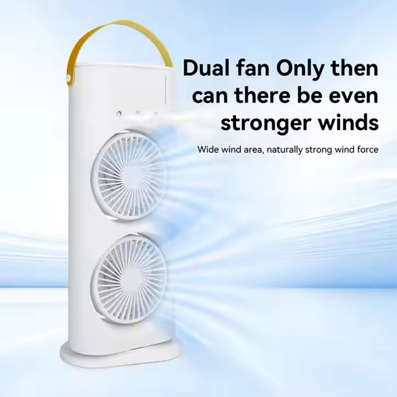 3-in-1-Doppelkopf-Sprühnebelventilator, tragbare Klimaanlagen, USB-Kabel, elektrischer Ventilator, LED-Licht, Wassernebelventilator, Luftbefeuchter