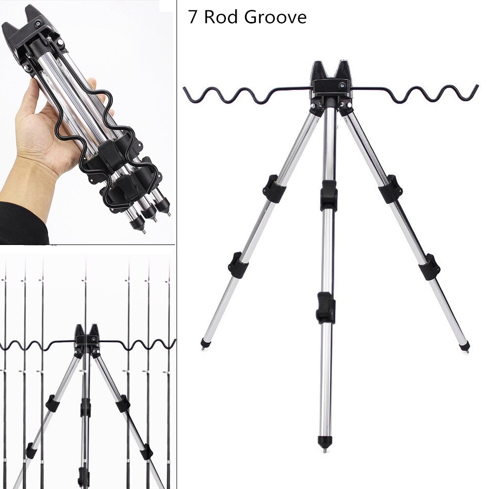 Aluminum Alloy Telescopic 5 / 7 Groove Fishing Rod Holder Portable Collapsible Tripod Stand Sea Fishing Pole Bracket