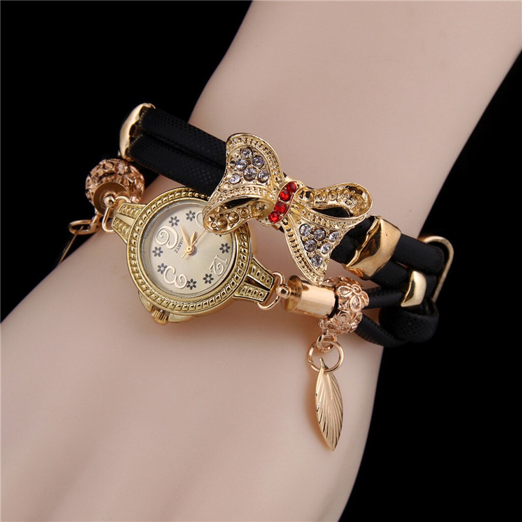 Dames Vlinder Retro Armband Horloges Vrouwen Mooie Bruiloft Quartz Horloges 6 Kleuren Rhinestone Delicate Vrouwelijke Horloges: Black