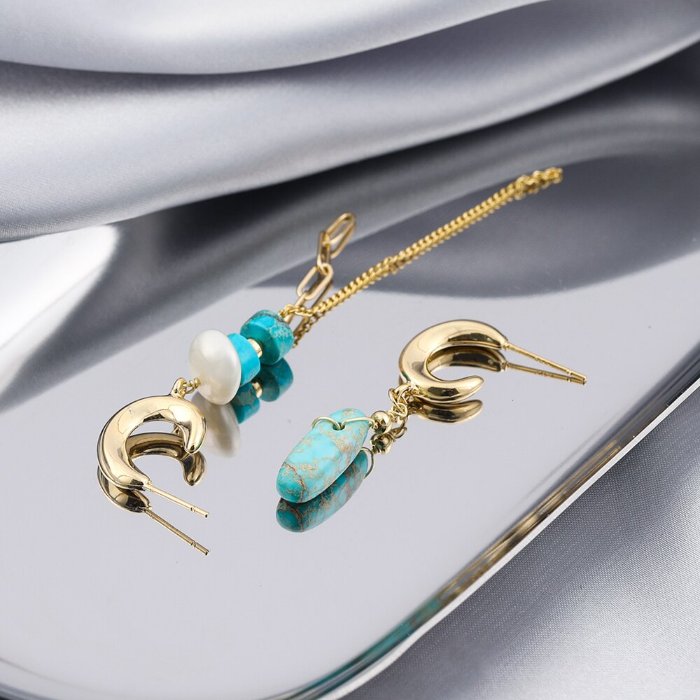 Vg 6 Ym Mode Turquoise Parel Hoepel Oorbellen Voor Vrouwen Trendy Geometrische Cirkel Blauw Stone Gold Metal Oorbellen Sieraden 2022
