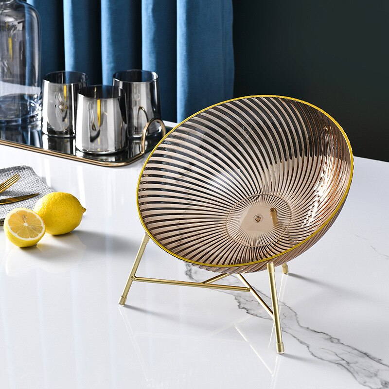 Cuencos de plástico para servir frutas, Bol redondo transparente para ensalada, plato de aperitivos con borde dorado, con estante de Metal, contenedor de comida para: Brown with Rack